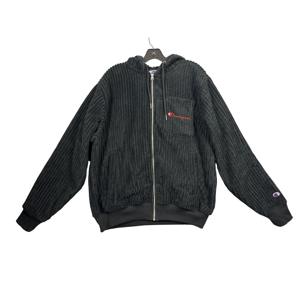 Champion Mens Medium Black Full Zip Hoodie Corduroy Sherpa Lined V74952 Fleece